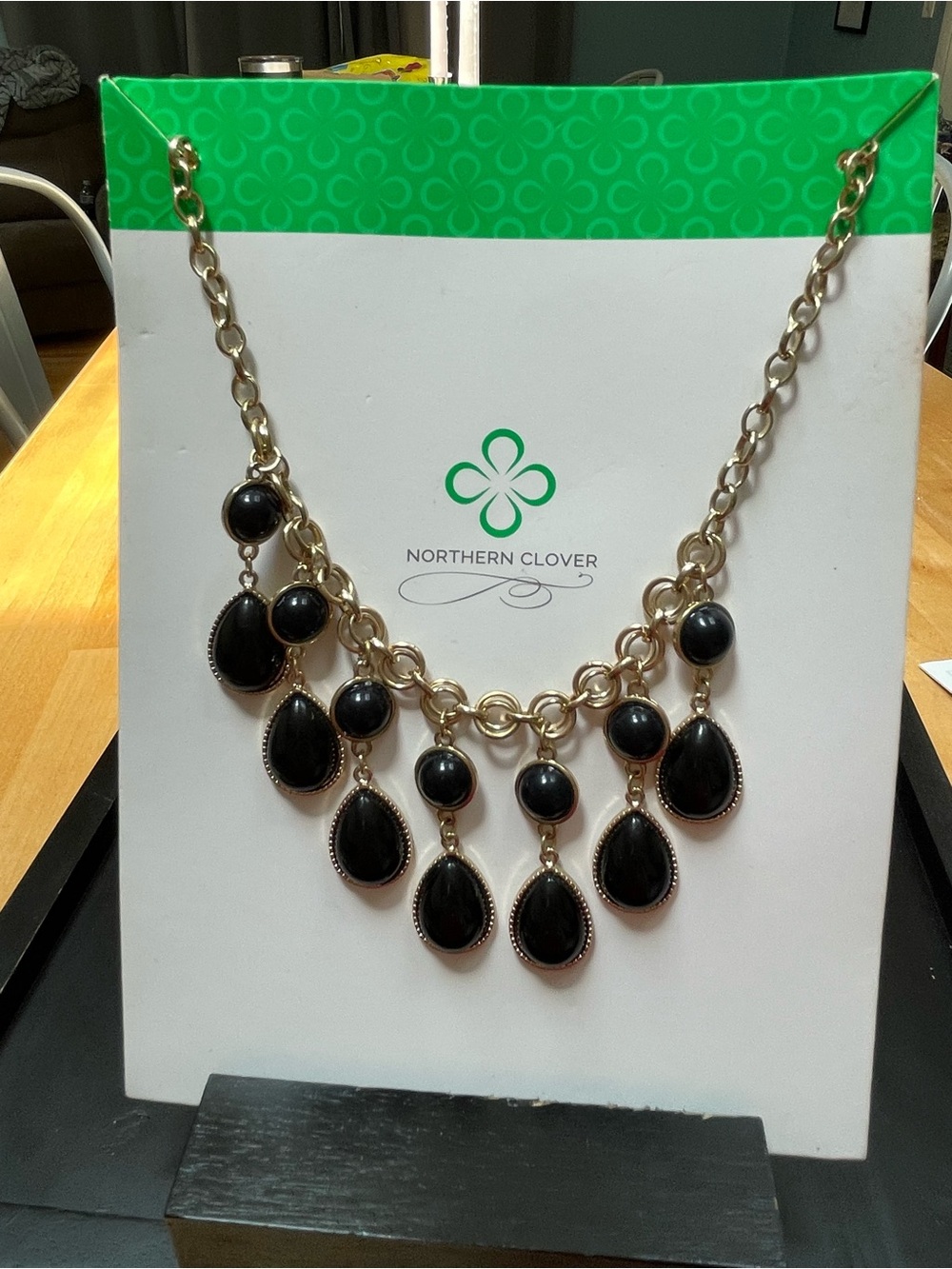 Northern Clover Black Teardrop Gold Tone Statement Necklace